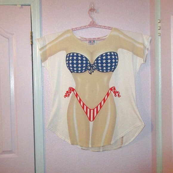Y2K Vintage My Bikini Cover Up T-Shirt Stars & Stripes Patriotic One Size USA - Picture 1 of 9
